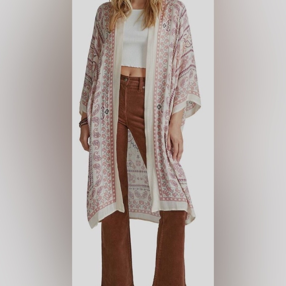 Lucky Brand Bohemian Paisley Print Open Front Duster Kimono Beach Cover Up OS